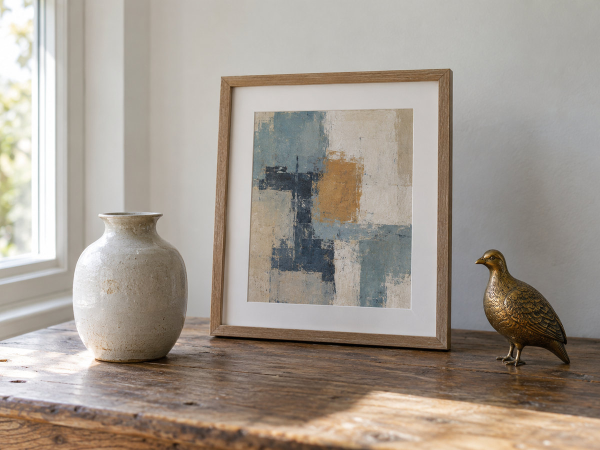 Framed artwork and decorative collectables arranged on a table.