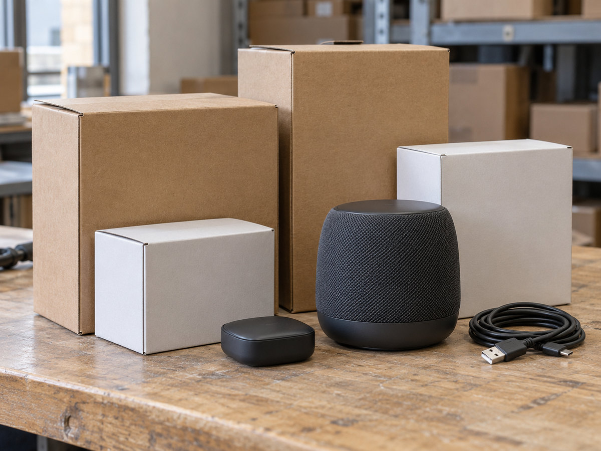 Boxed electronics and accessories on a warehouse workbench.