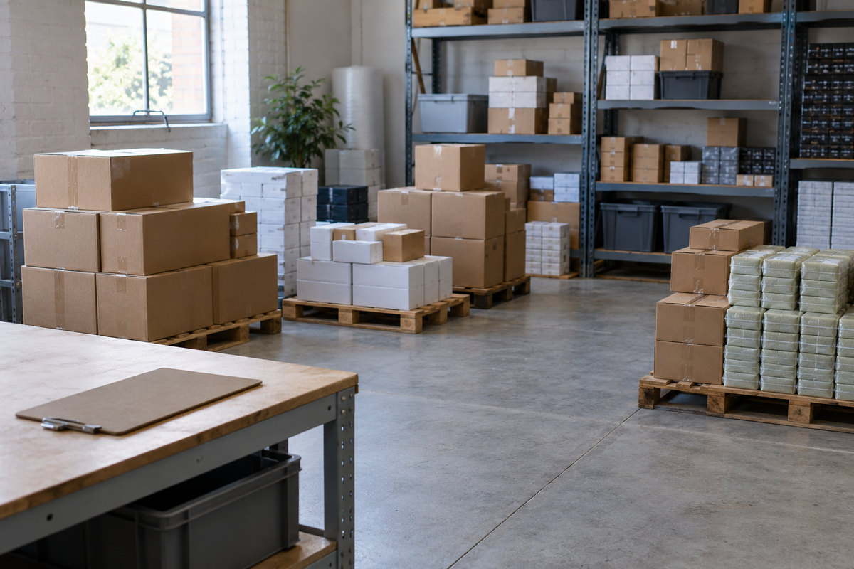 Separate lots of boxed goods arranged in a stockroom for assessment.