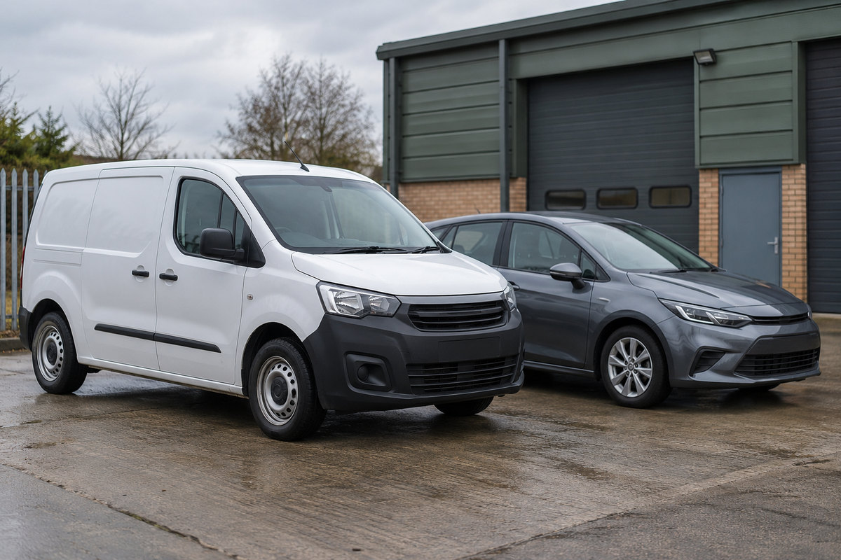 A car and panel van parked in a commercial yard.