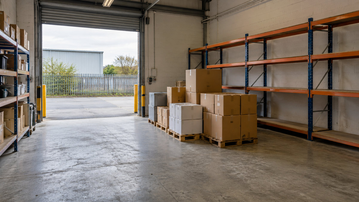 Boxed stock in a commercial unit with a clear route to the loading door.