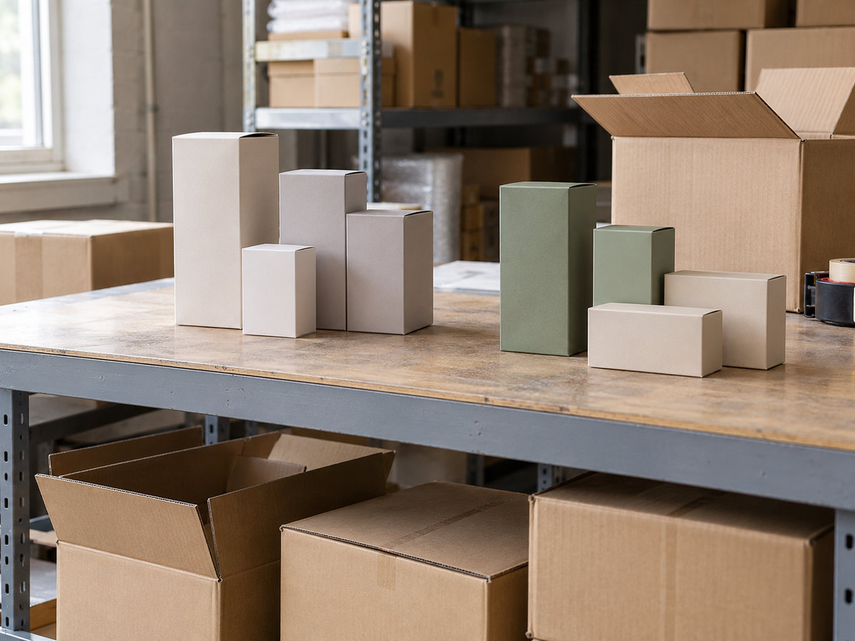 Remaining retail cartons and outer boxes on a stockroom bench.