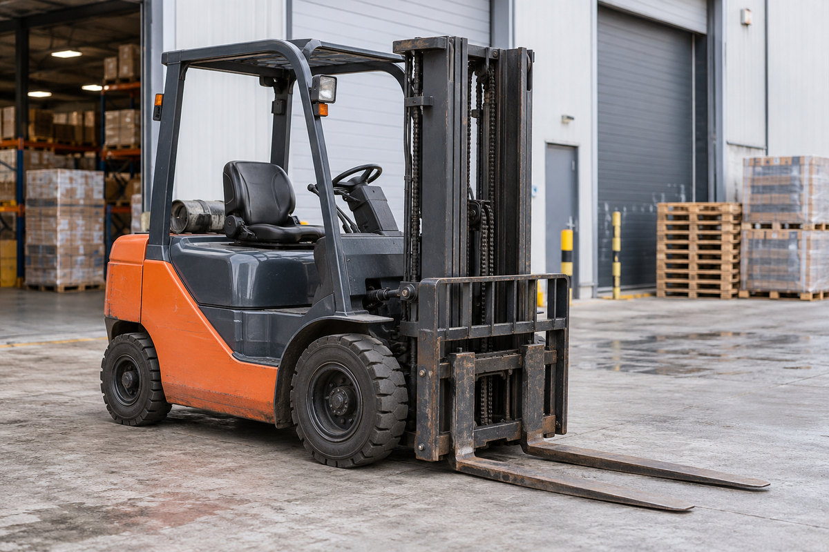 A parked forklift with its forks lowered in a loading area.