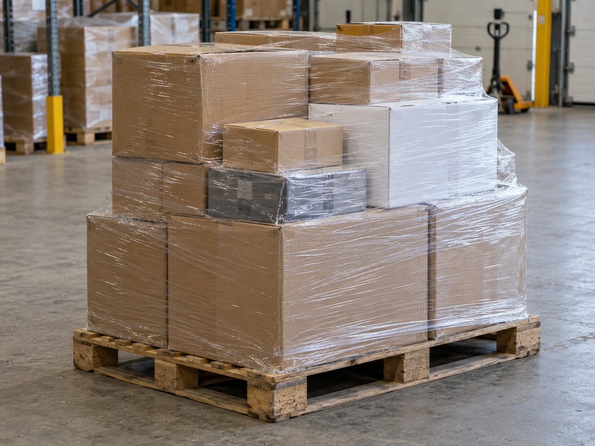 Mixed cartons stacked securely on a single timber pallet.
