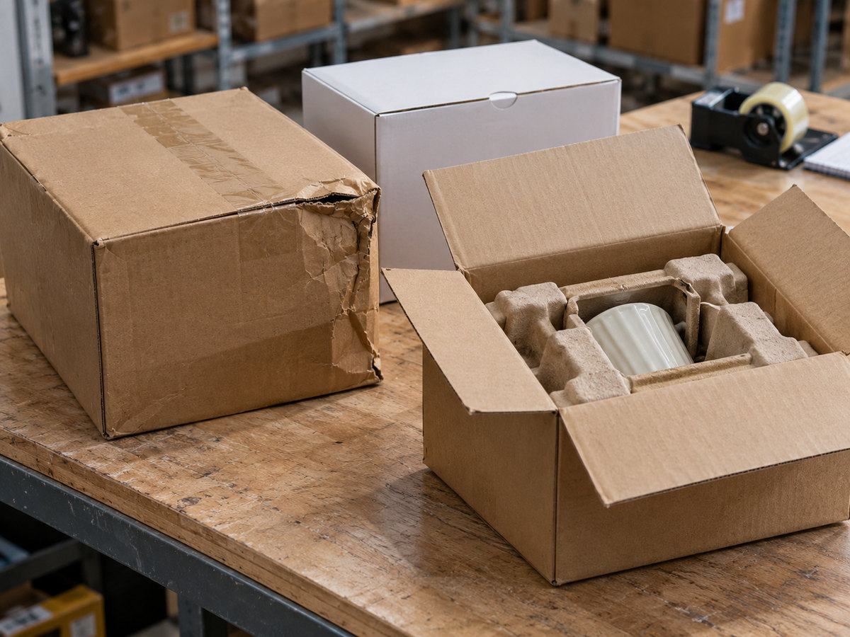 Retail cartons with visible outer-packaging damage on an inspection bench.