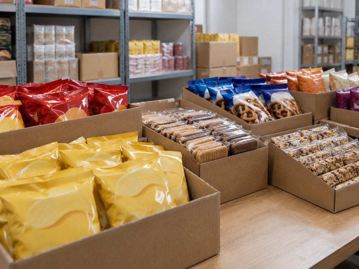 Sealed snack packs and biscuits in outer trade cartons.