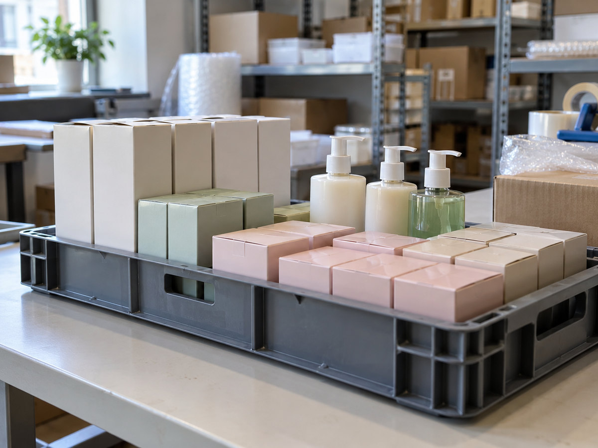 Sealed cosmetics cartons and closed bottles on a packing bench.