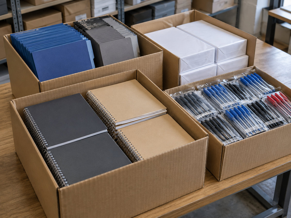 Notebooks, folders and packaged stationery in trade cartons.
