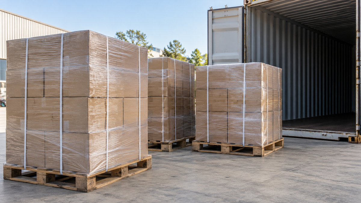 Wrapped pallets of stock beside a shipping container in a loading area.