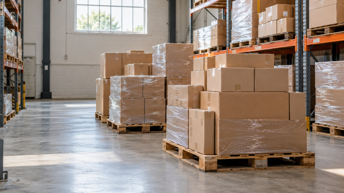 Palletised cartons in a warehouse with a clear access aisle.